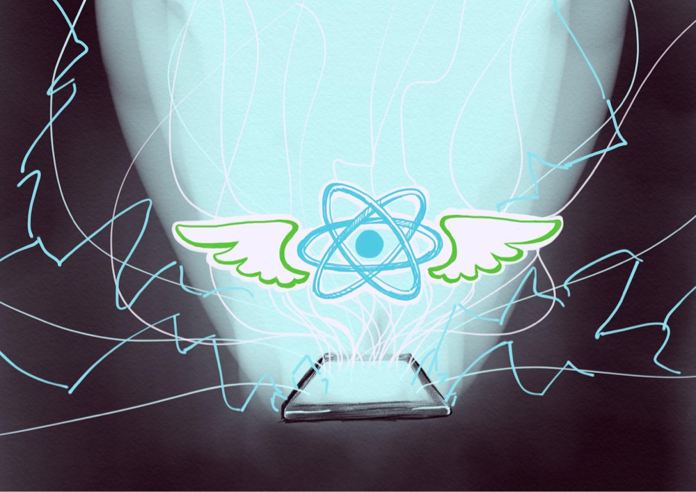 Ilustración de los logos de Hermes y React Native fusionados en una furia alada, elevándose en una tormenta eléctrica desde un solitario teléfono Android brillante.