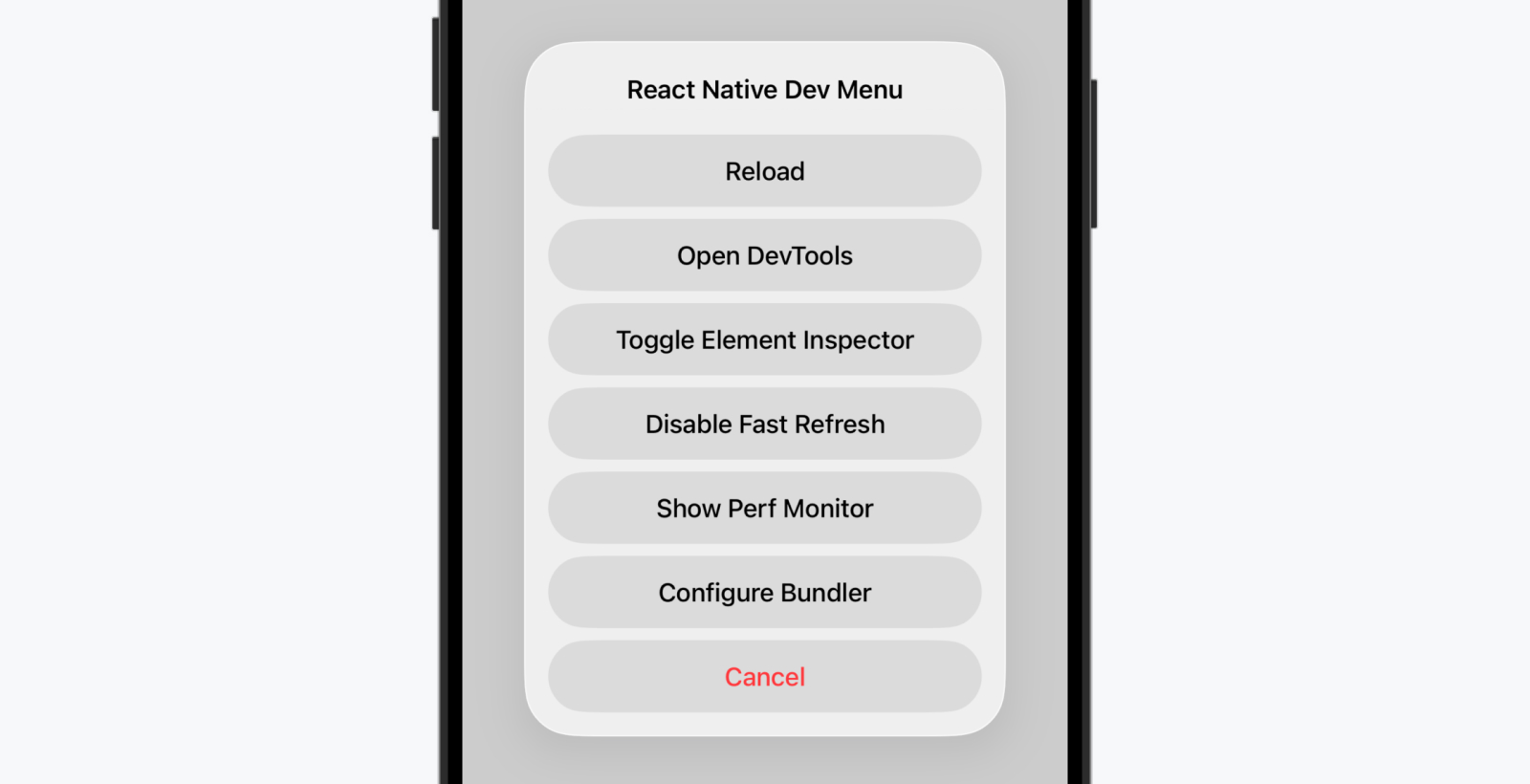 El menú de desarrollo de React Native
