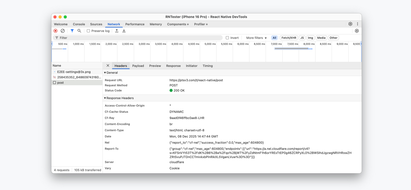 Lista del panel de Red en React Native DevTools