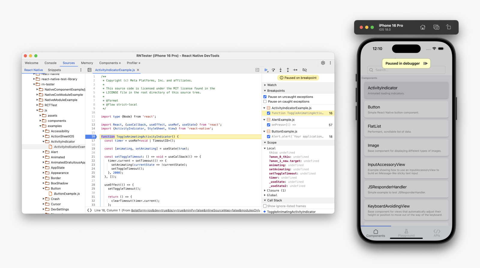 Punto de interrupción pausado en la vista Sources de React Native DevTools, junto a un dispositivo