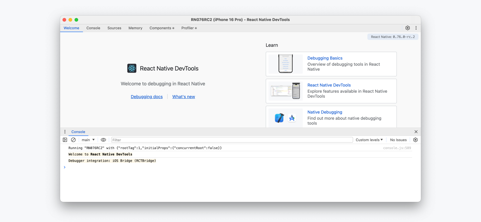 React Native DevTools abierto en el panel "Welcome"