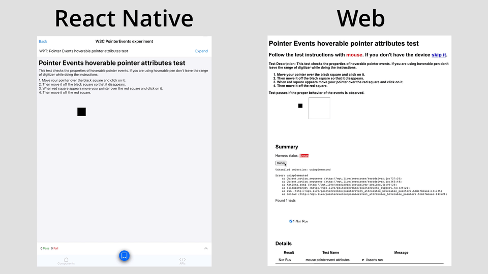 GIF comparativo mostrando la prueba de atributos de puntero flotante "Pointer Events" ejecutándose en React Native (iOS) a la izquierda y en Web (implementación original) a la derecha.