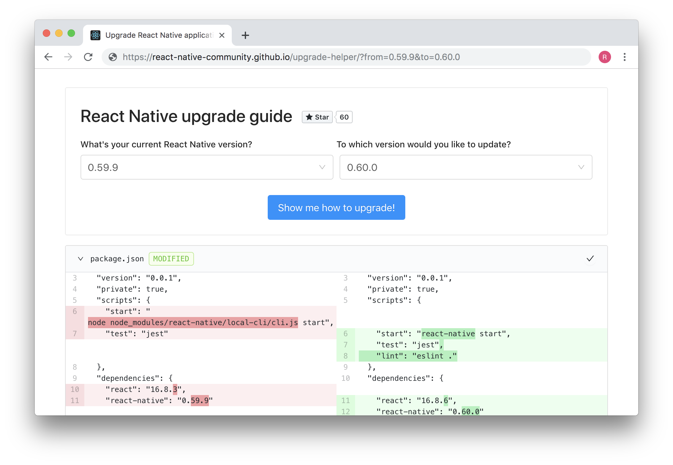 Upgrade Helper przejrzyście i łatwo pokazuje zmiany potrzebne do migracji na inną wersję React Native