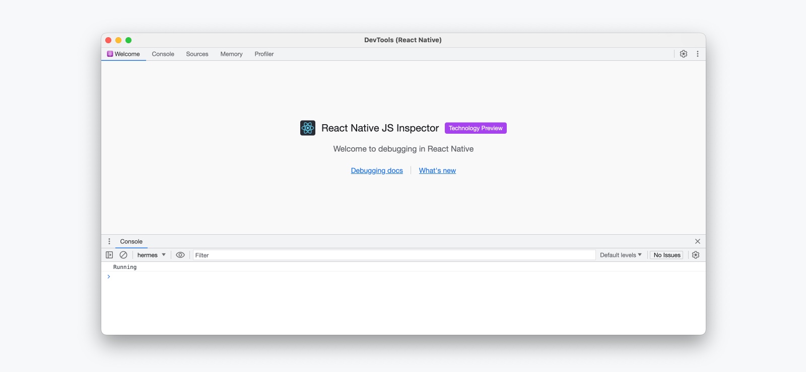 Nowy interfejs debuggera otwarty na panel "Welcome"