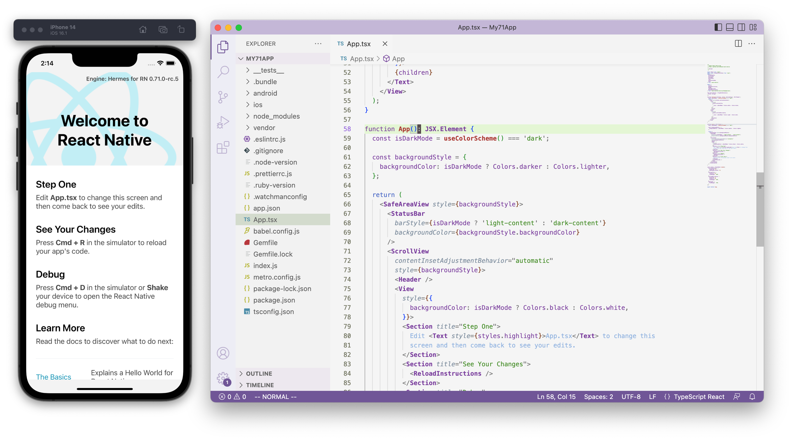 Zrzut ekranu symulatora iPhone'a z uruchomioną nową aplikacją wygenerowaną przez React Native CLI. Obok widoczny jest edytor Visual Studio Code otwarty na pliku "App.tsx", ilustrujący działanie pliku TypeScript.
