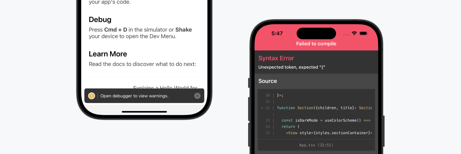 LogBox 警告和展开的语法错误示例